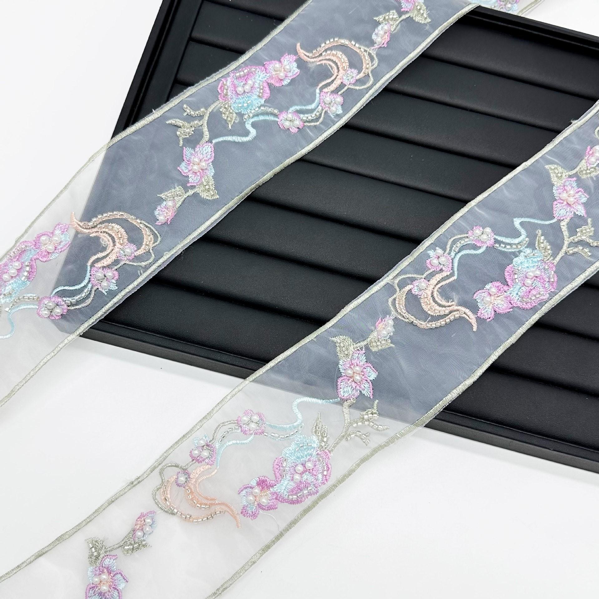 

7Cm Ethnic Style Barcode Nail Beads Three-Dimensional Embroidery Flower Webbing Hanfu Neckline Cuffs Decorative Lace T3105 one yard