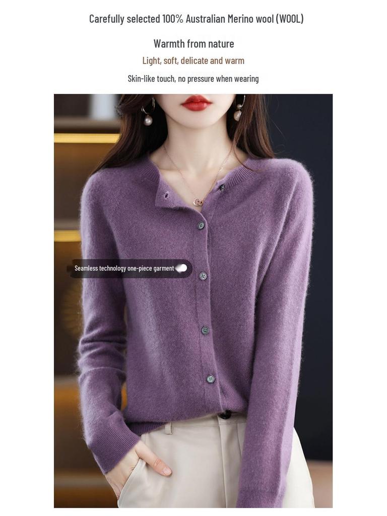 2026 Autumn/Winter Women's Seamless Cashmere Crew Neck Sweater - High-end Pure Wool Knitted Cardigan