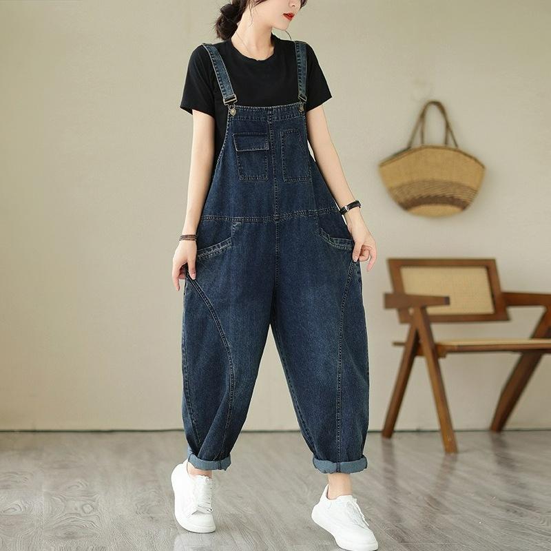 Autumn Literature and Art Large Size Loose and Thin Dark Denim Overalls Women's Harem Pants