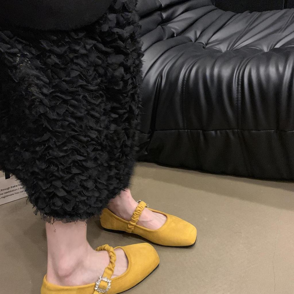 Square Head Mary Jane Shoes Women's Suede Flat-soled Single Shoes Rhinestone Buckle Pleated Belt with Skirt Temperament Grandma Shoes Tide