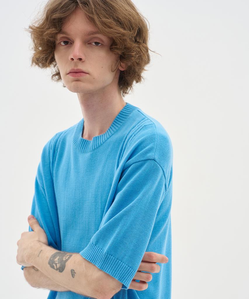 BLOND9 Soft Cable Round Short Sleeve Knit_Blue