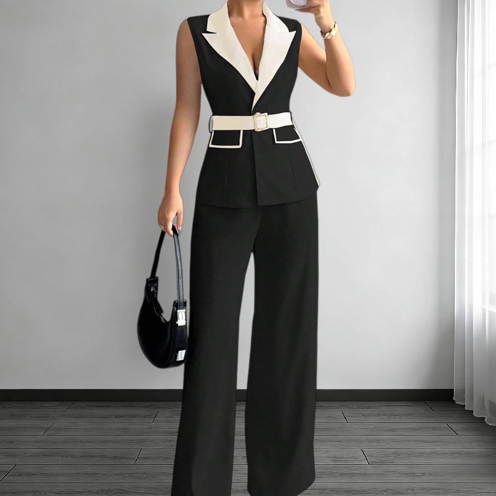 

Spring/Summer Women s Solid Color Casual Two-Piece Set: Vest & Wide-Leg Pants Extra Large чорний