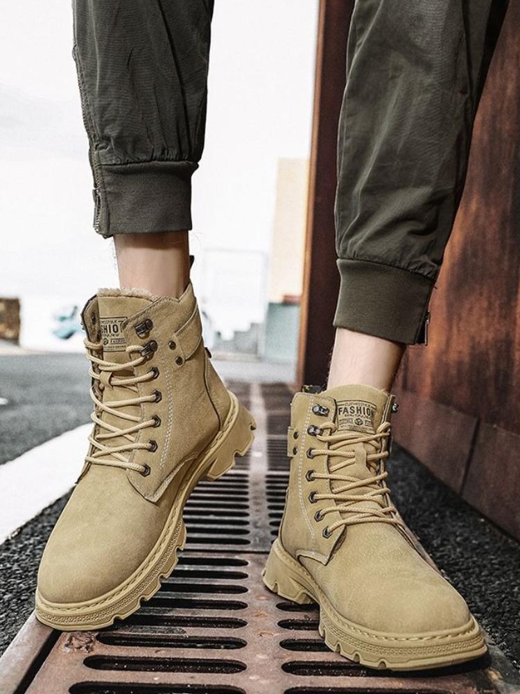 Thickened Fleece Lined Men's Winter Warm Cotton Padded Snow Boots Work Safety Motorcycle Workwear Leather Waterproof Lace Up