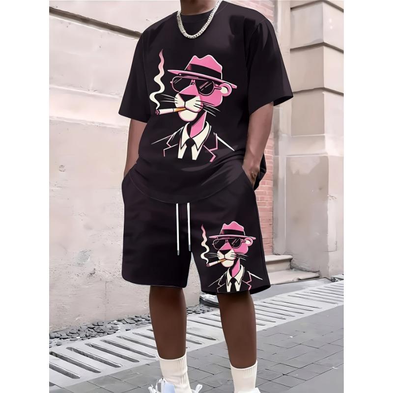 

Мужской повседневный комплект из трикотажной ткани, летний повседневный, удобный, стильный, с 3D-цифровым принтом, с изображением розовой пантеры L