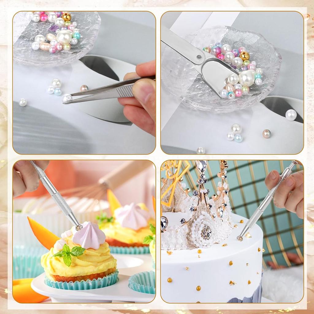 4 PCS Sprinkles Tool for Cake Decorating, Stainless Steel Cake Tweezers, Pearl Piercing Ball Grabber Tweezers for Cookie Cupcake