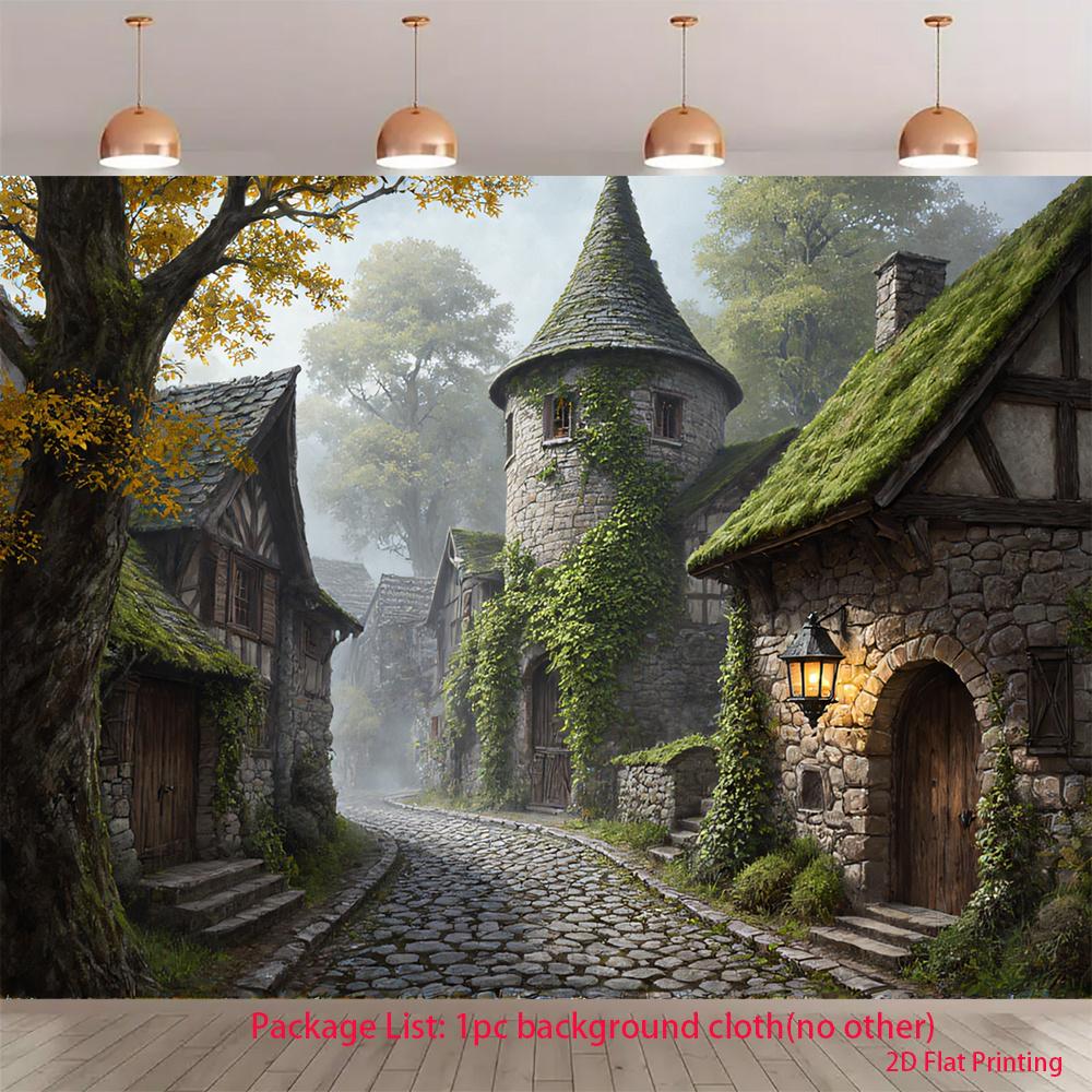 2D plane 1 magical village: A fairy-tale-like scene with cobblestone streets and ancient houses 47.2x31.5inch/120*80cm