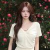[Keren Cotton Modal] Kink V-neck Short-sleeved T-shirt Women's Summer Neck Beaded Slim-fitting Top