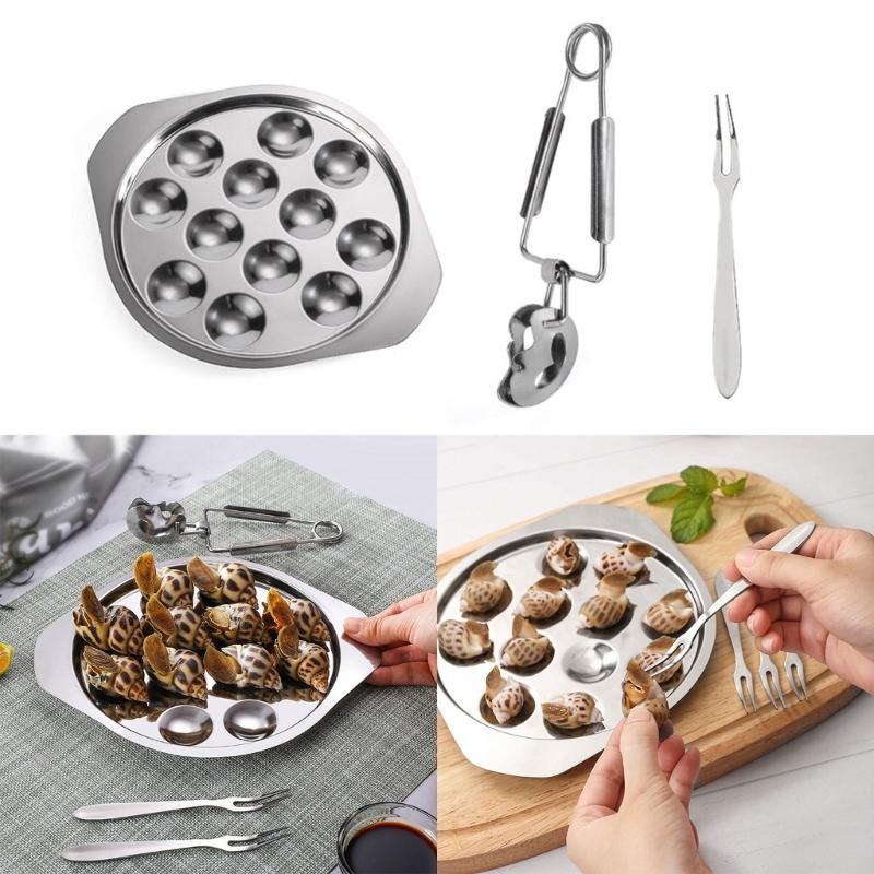 Metal Seafood Utensils Stainlesss Steel Escargots Dish and Tongs Set Snail Bakings Plate with Clamps Kitchenwares