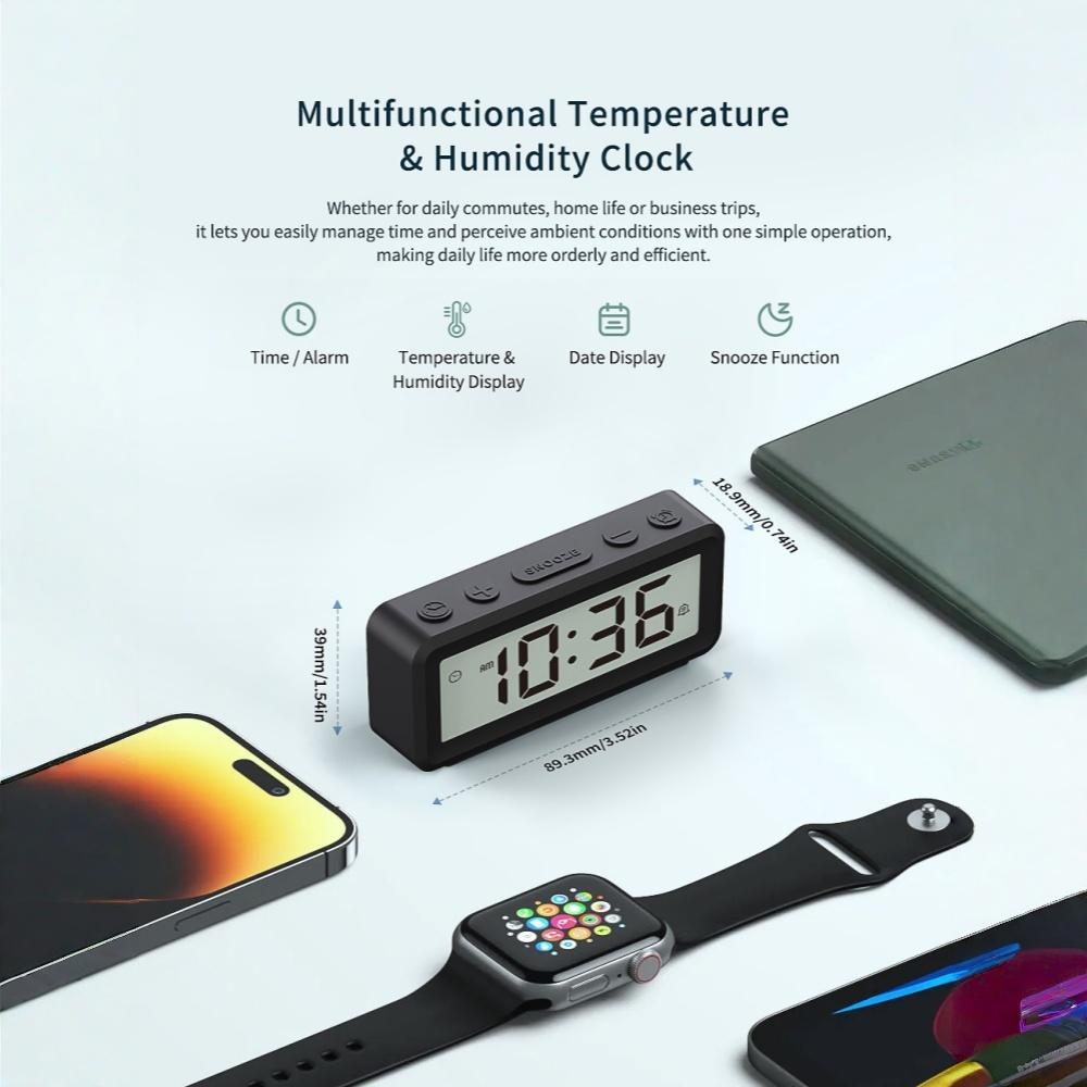 Magnetischer Tragbarer Digitaler Wecker Batteriebetrieben TEMP Feuchtigkeit Datum Schlummer Tischuhr 12/24H 2 Wecker Elektronische LCD-Uhr