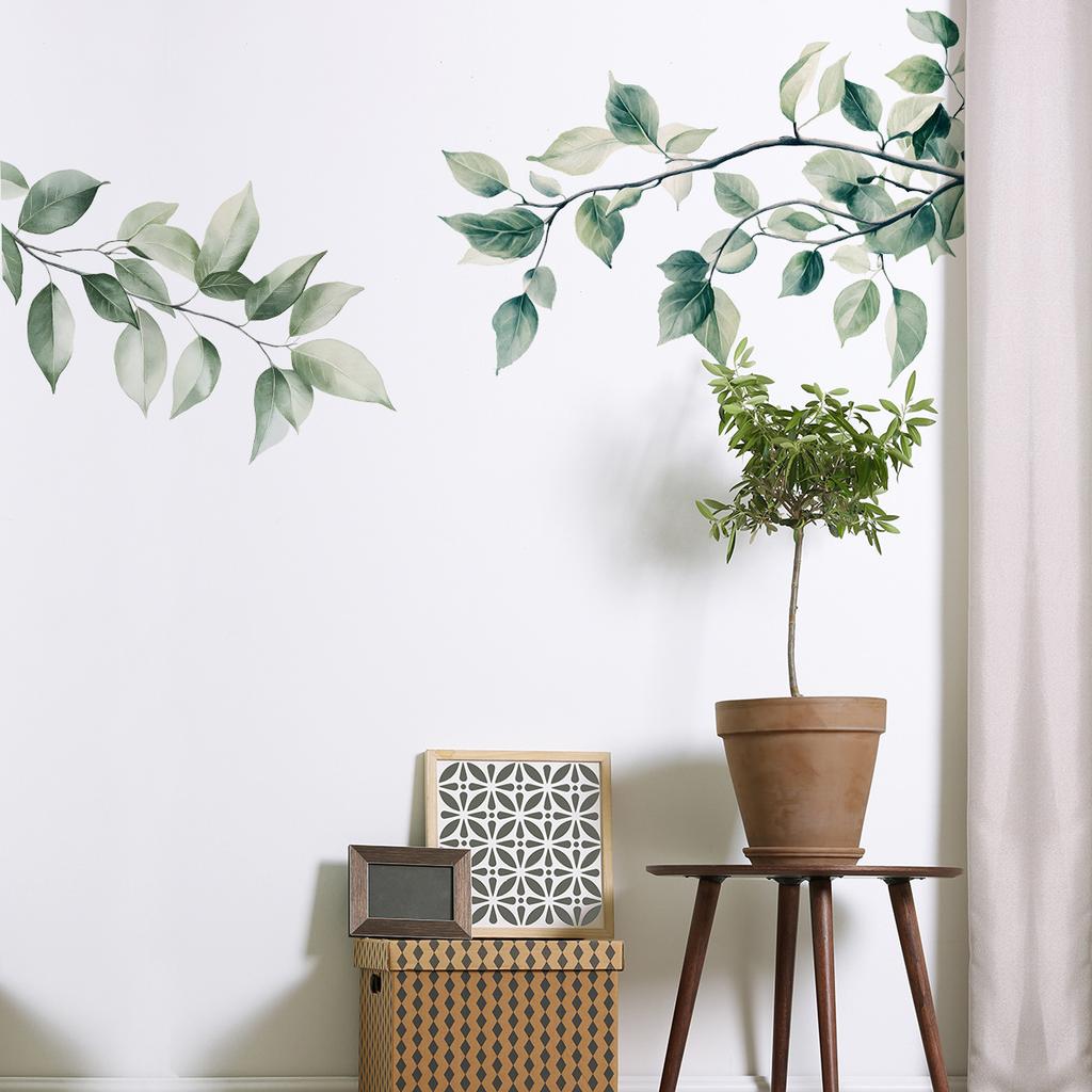 Frischer Grüner Blattzweig Wandaufkleber für Schlafzimmer Wohnzimmer Eingang Zuhause Wanddekoration Selbstklebendes Dekor