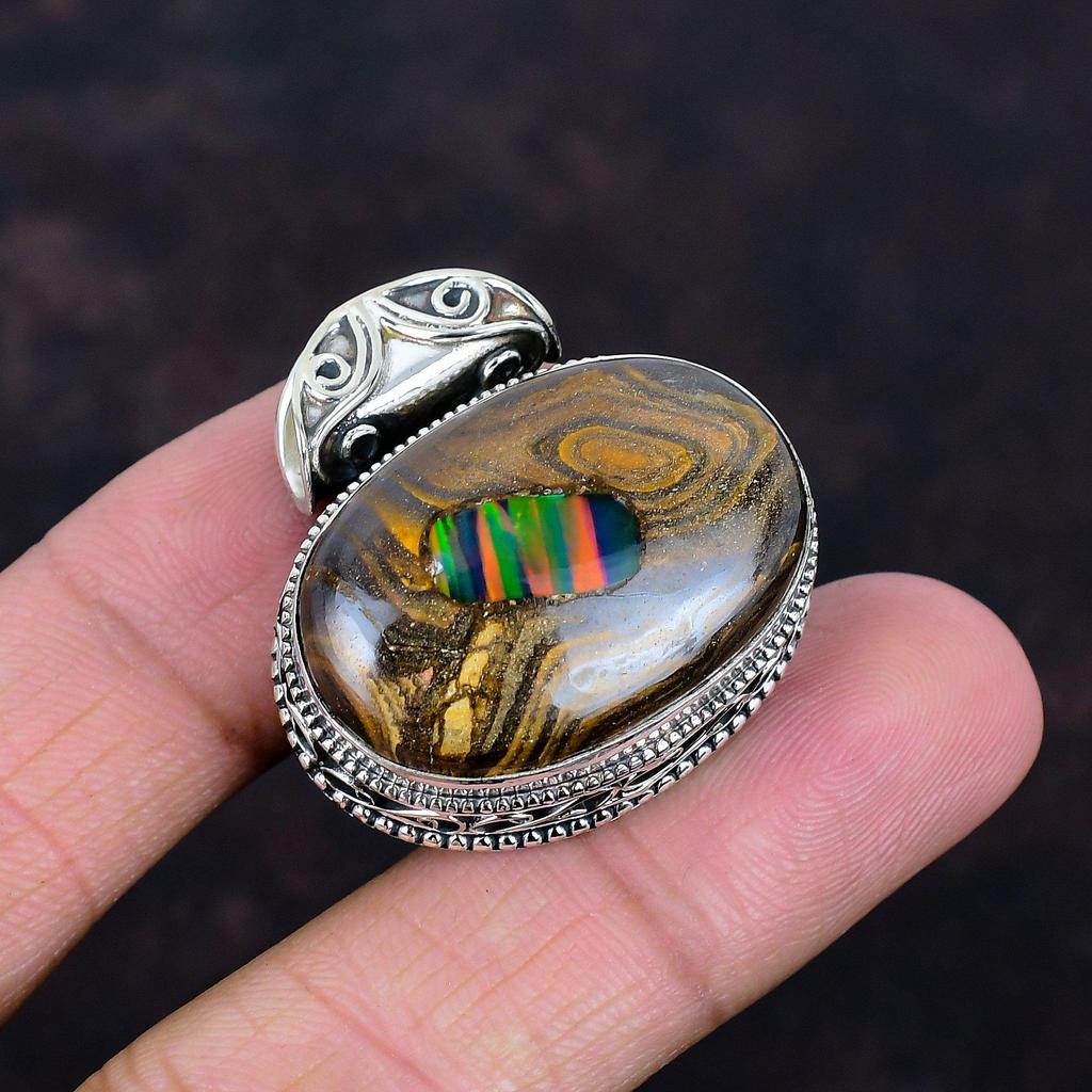 Ethopian opal in boulder opal pendant gemstone pendant 925 sterling silver pendant handmade pendant gifts for wife wonderful vintage jewelry
