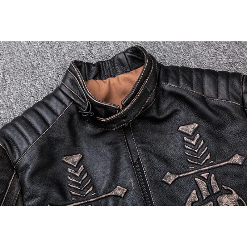 Kurtka motocyklowa Vintage w rozmiarze chińskim Czaszka 100% skóra bydlęca Slim Fit męska skórzana kurtka Zniszczona kurtka motocyklowa zimowa M203
