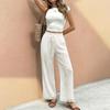 Women High Waist Drawstring Lace Trim Loose Casual Wide Leg Pants