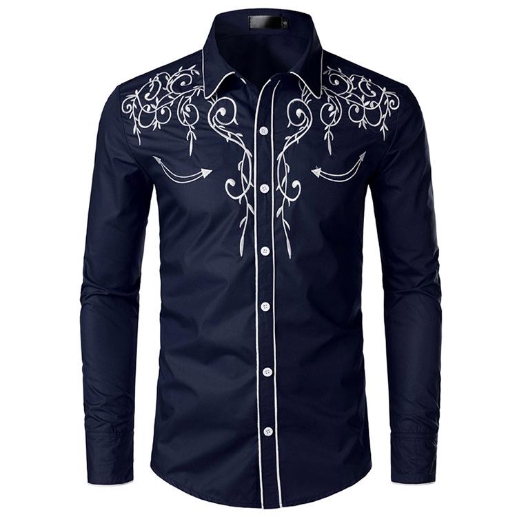 Mens Western Cowboy Embroidered Shirt Slim Fit Casual Long Sleeve Button Down Party Shirts S-2XL