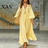 Party Dress Casual Women's Deep V Neck Maxi Dress, Puff 3/4 Sleeve Soft Fabric A-Line Flowy Loose Boho Beach Sundress Mid-length
