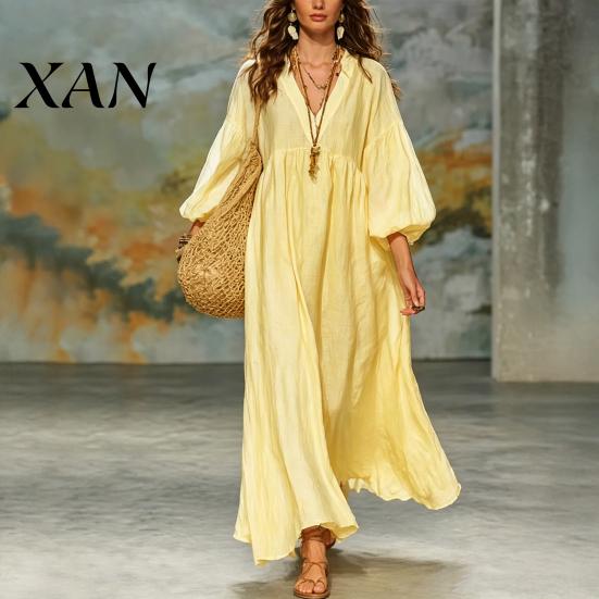 Party Dress Casual Women's Deep V Neck Maxi Dress, Puff 3/4 Sleeve Soft Fabric A-Line Flowy Loose Boho Beach Sundress Mid-length