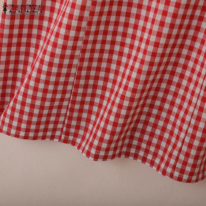 ZANZEA Women Turn Down Collar Casual Short Sleeve Grid Print Dress