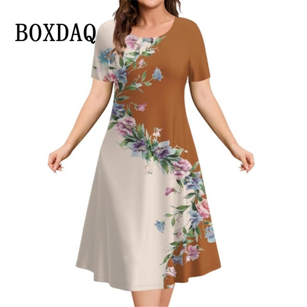 Flower Print Women Dress For Vintage New Short Sleeve O-Neck Mini Dress Summer Pullover Loose Casual Retro Loose Plus Size Dress