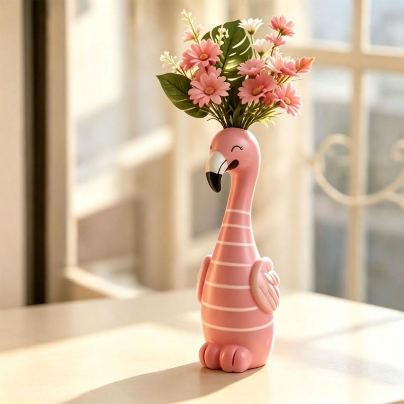 Cartoon Flamingo Decorative Vases In Resin, Whimsical Long Neck Bird Figurine for Styling Shelves, Desks, and Nightstands Displays