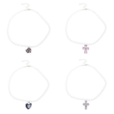 Choker s korálky z imitace perel, nastavitelná délka, řetízek na krk, doplněk pro dámy, s přívěskem srdce/kříže/koček