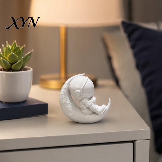 Office Desk Astronaut Figurine 3D Printed Moon Figurine, Sitting on Crescent Spaceman Ornament Statue, Desktop Decoration for Home Bookshelf Mini
