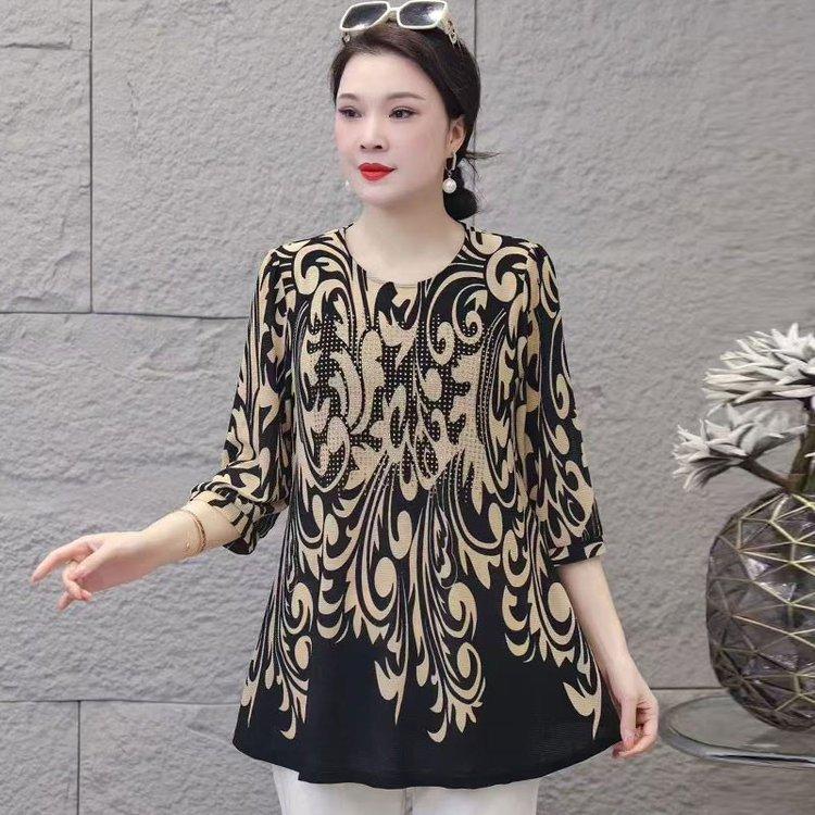 Women Round Neck Spring Summer Minimalist Commute Printed Diamonds 3/4 Sleeve Loose Midi Pullover T-shirts Tops Plus Size