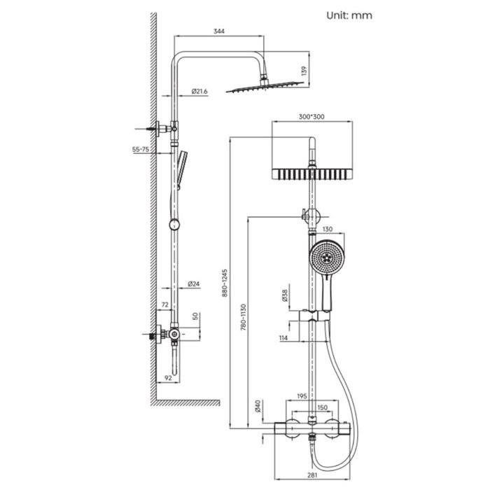 Shower Column - DERW - MAX - Thermostatic Mixer - 12-inch Overhead Shower - Stainless Steel