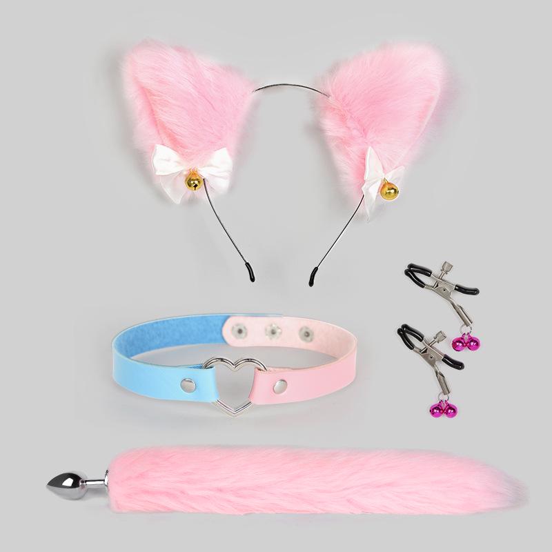 Bondage Katzenanzug mit Schwanz Analplug, Halsband & Knebel