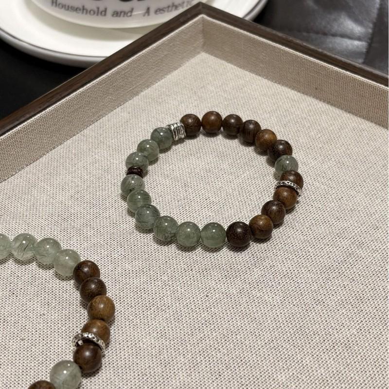 Natural Green Rutilated Quartz Agarwood Beaded Bracelet Women Vintage Chinese Style Handmade Jewelry Gift