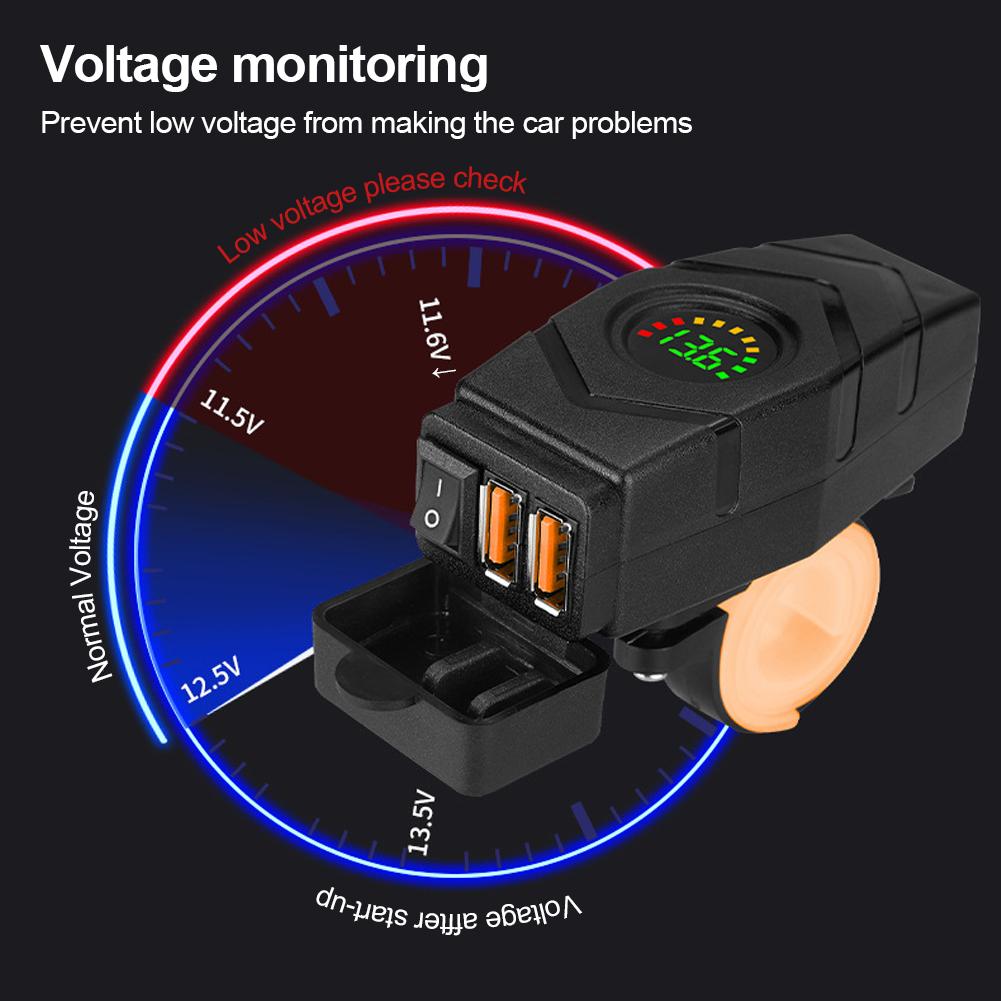 36W Motorcycle Dual USB Charger Handlebar QC3.0 Fast Charging Waterproof 12V Phone Socket Adapter With Voltmeter Display Accessories