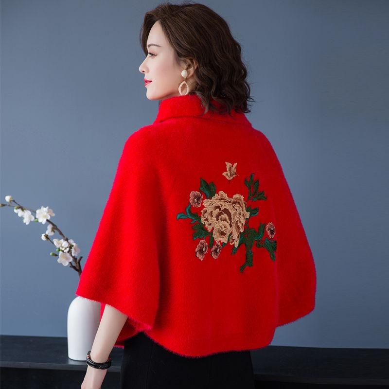 Autumn and winter warm little cloak fashionable and versatile cape jacket women's round neck embroidered top