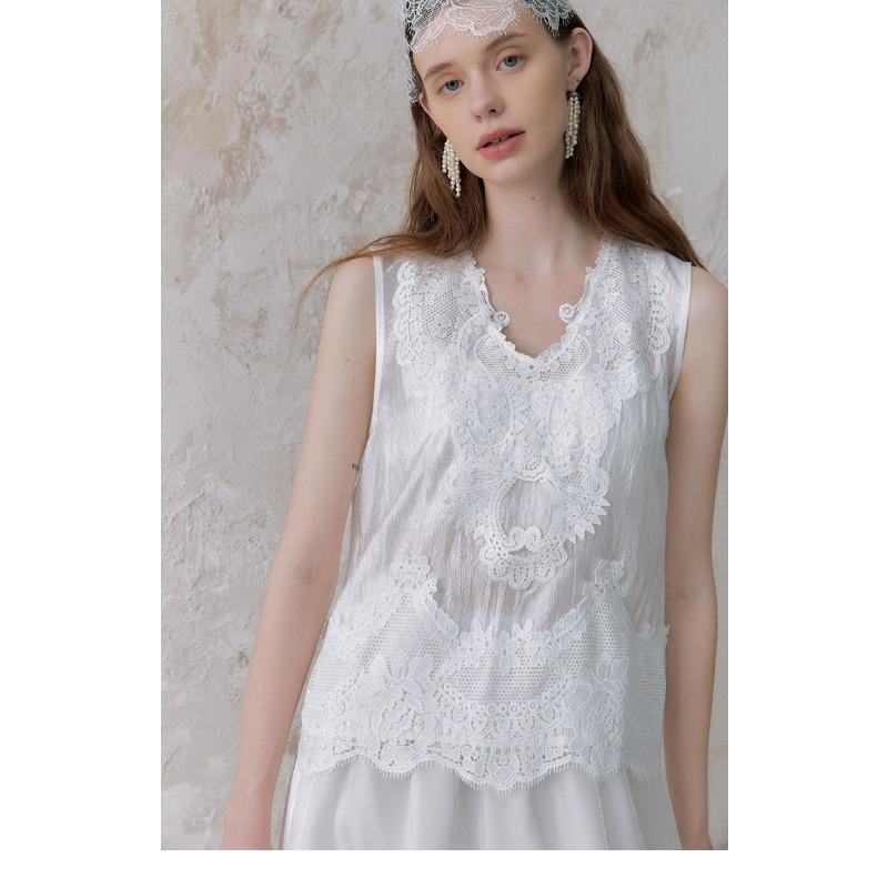 DIMANAF 2026 Neues Weste-T-Shirt Damen Spitze Rundhalsausschnitt Ausgeschnitten Sommerstil Basic Tops T-Shirts Lockere Weste