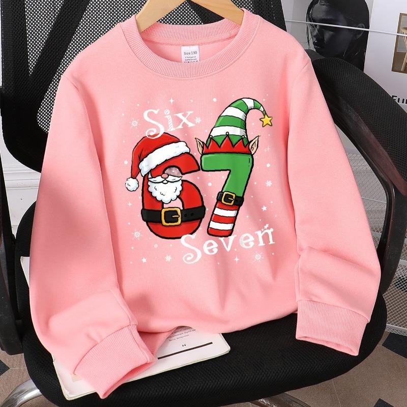 Kids Fashion Crewneck Sweatshirt, Six‑Seven Santa Elf Christmas Numbers Print,Casual Sportswear for Spring & Autumn