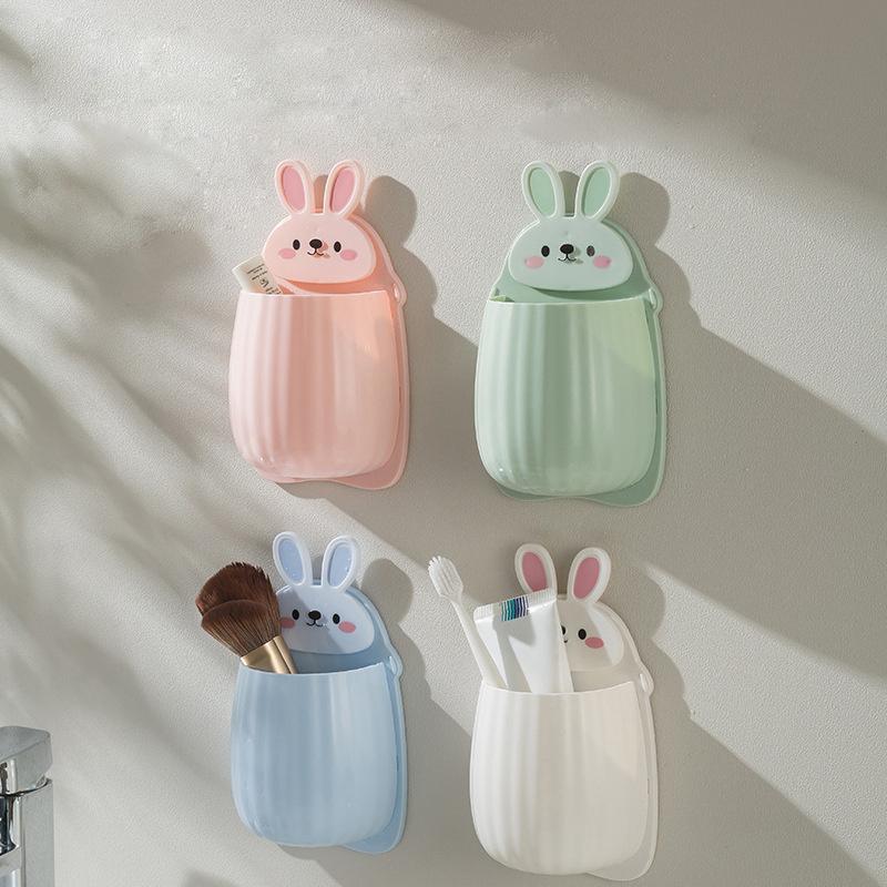 1pc Cute Rabbit Storage Rack, Makeup Brush Storage Box, Bathroom Wall Mounted Toothbrush Holder, Bathroom Accessories