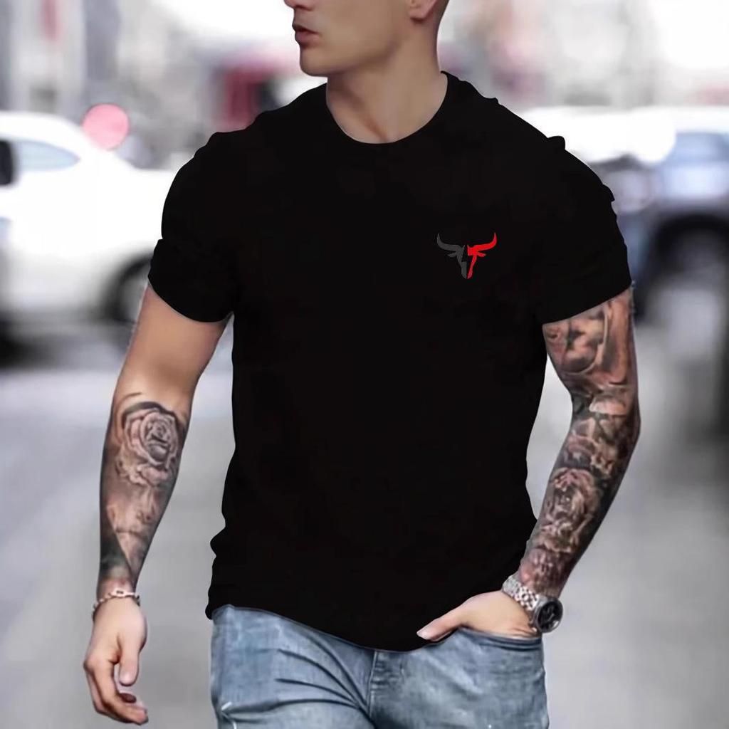 Men's Loose Fit Bull Print Cotton T-Shirt, Short Sleeve, Round Neck