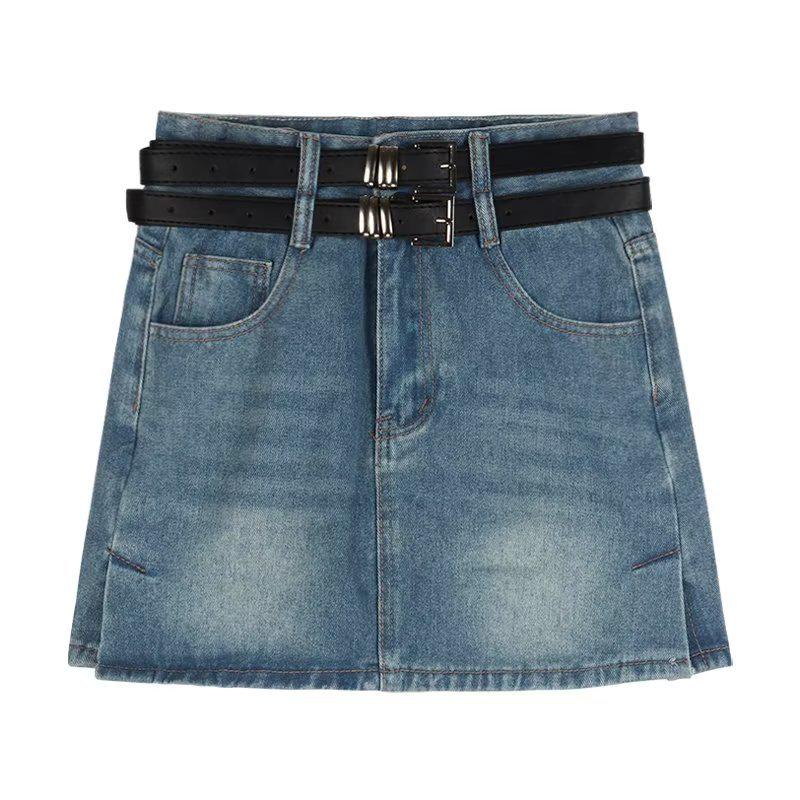 

Острая девушка Юбка мини из денима с завышенной талией, ретро-разрезом и двойным ремнем - Женская летняя А-силуэта 4XL синий