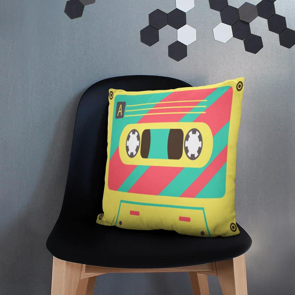 Fun Decorative Pillow Cover With Music Tape Print Cute Kawaii Camera Sofa Bedside Cushion Cover Short Plush Zipper Pillowcase