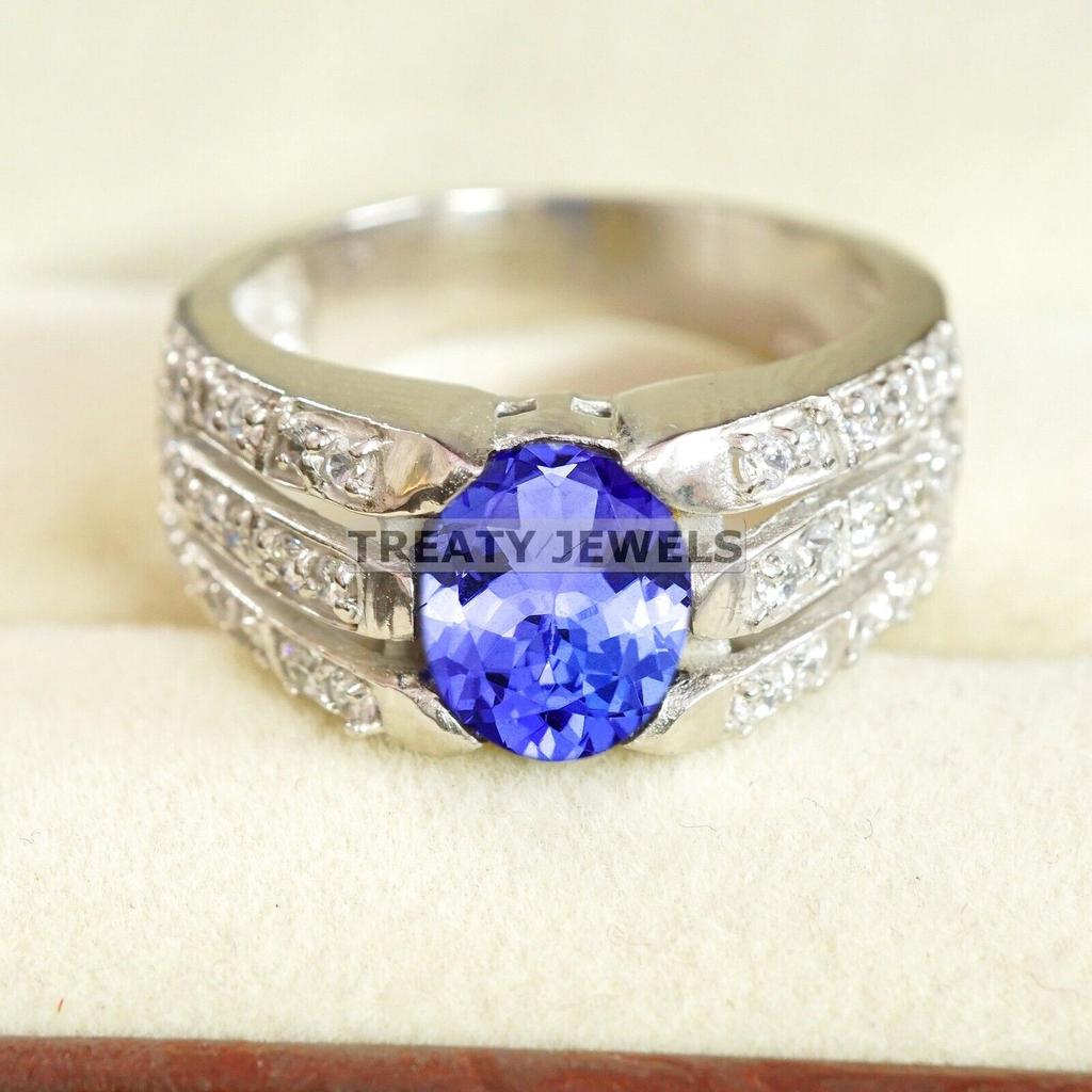 Tanzanite Oval Cut Gemstone With 925 Sterling Silver Ring For Men's #B661 JL375686569927