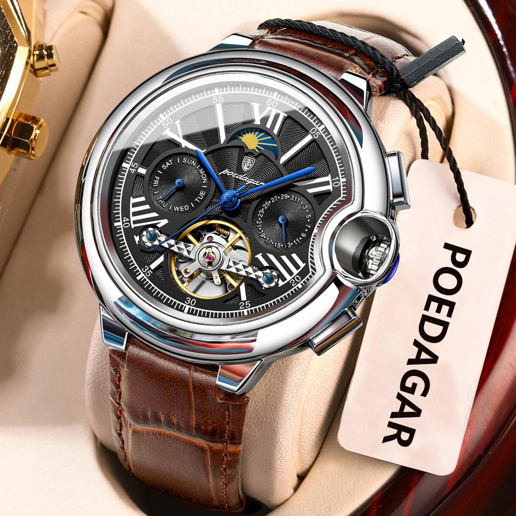 Luxury Business Male Watch Date Week Stainless Steel Tourbillon Men Clock Waterproof Automatic Mechanical Men's Watches