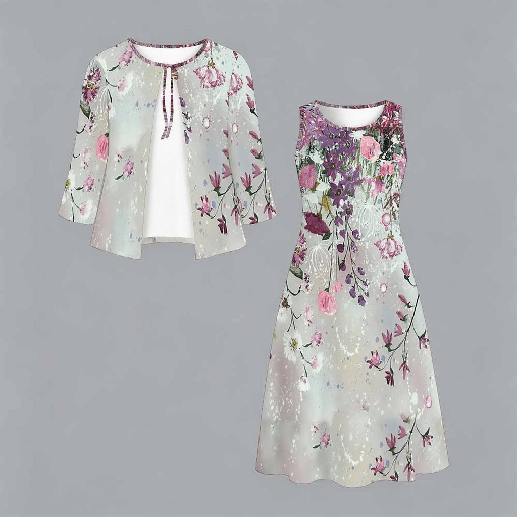 Oversized Ladies Two Piece Set Printed Slip Dress With Long Sleeve Open Front Cardigan
