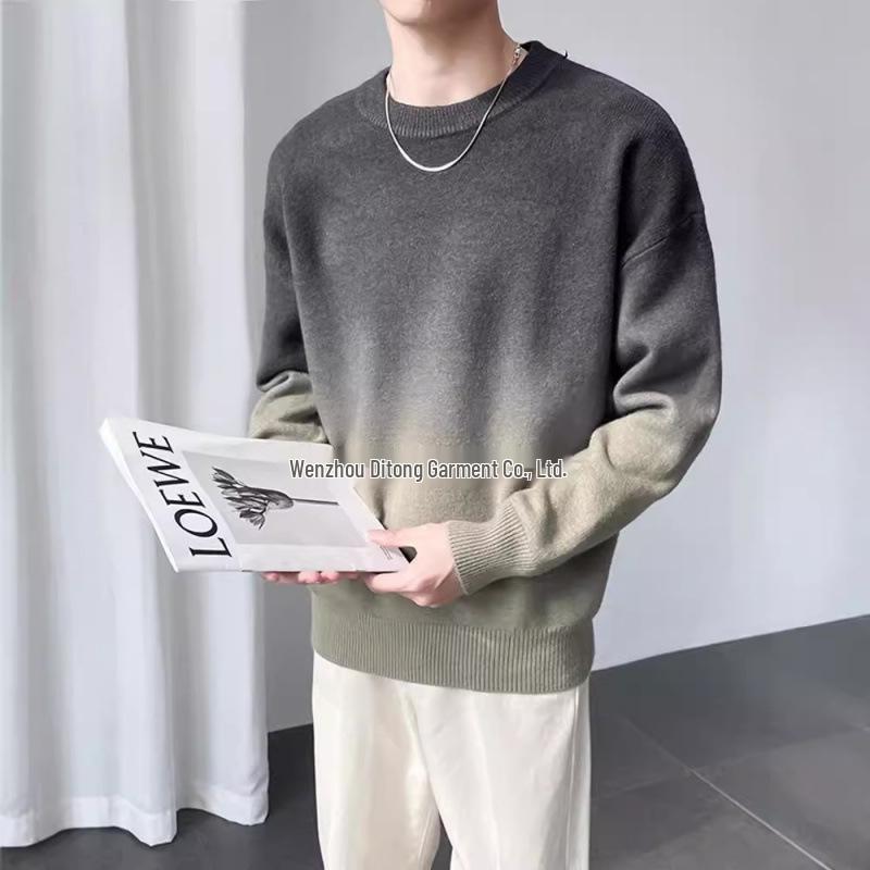 Men s Gradient Knit Sweater, Slim-Fit Pullover, Trendy Round Neck, Thick Base Layer, Mature Korean Style for Autumn/Winter Extra Large