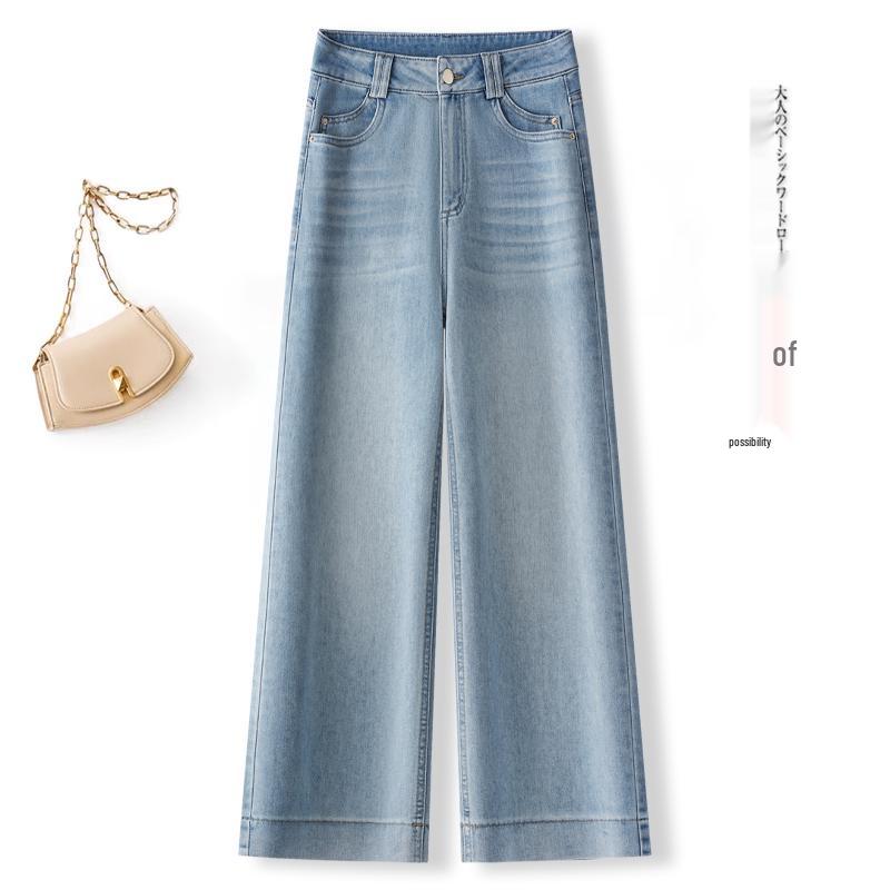 

Women s Light Blue High-Waisted Slim Wide-Leg Cropped Jeans - Summer 2026, Petite Fit, Drapey, Embroidered, Thin Style L 105-115kg синій