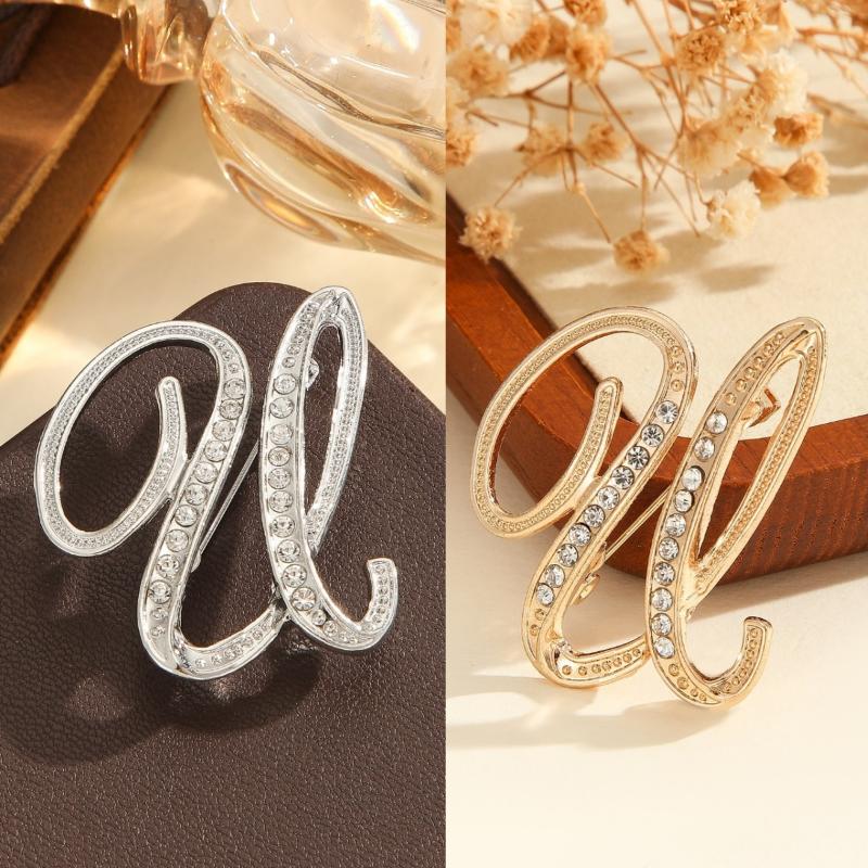 2Pcs  Full  Encrusted Gold And Silver Alphabet Letter Brooches Pins Minimalist Clothing Jewelry Accessory