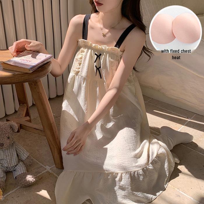 

Летняя женская тканая рельефная хлопковая ночная рубашка с облачным узором, с коротким рукавом и вставными чашечками бюстгальтера - Длинная юбка в стиле принцессы, 2026 XL - 170 cm