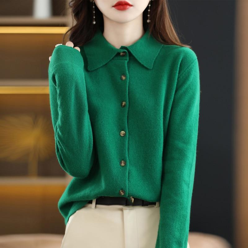Women's Wool Knit Cardigan Jacket Loose Polo Collar Sweater Outer Solid Color Button Knit Shirt Pullover Korean Autumn Winter T-shirt