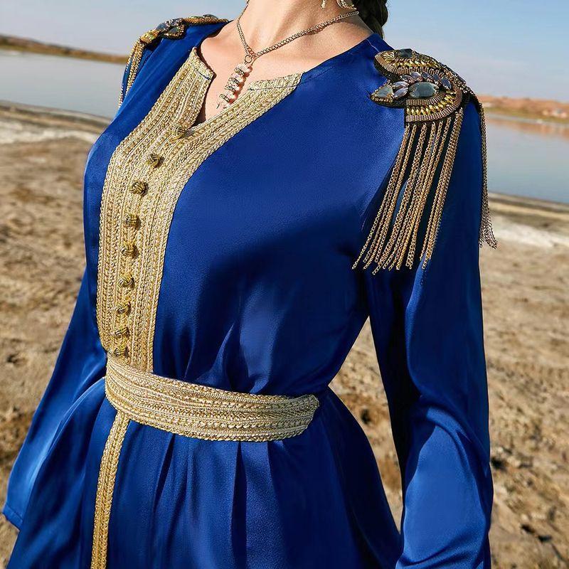 

Western Style Shoulder Strap Dress Big Hemline Palace Style Party Long dress Beaded and Diamond Dress Royal Blue 2XL