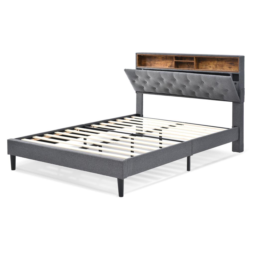 Upholstered Bed Double Bed Storage Headboard Bed with LED Lighting Bed Frame Slatted Frame made of Wood,140*200CM Grey (With Mattress)