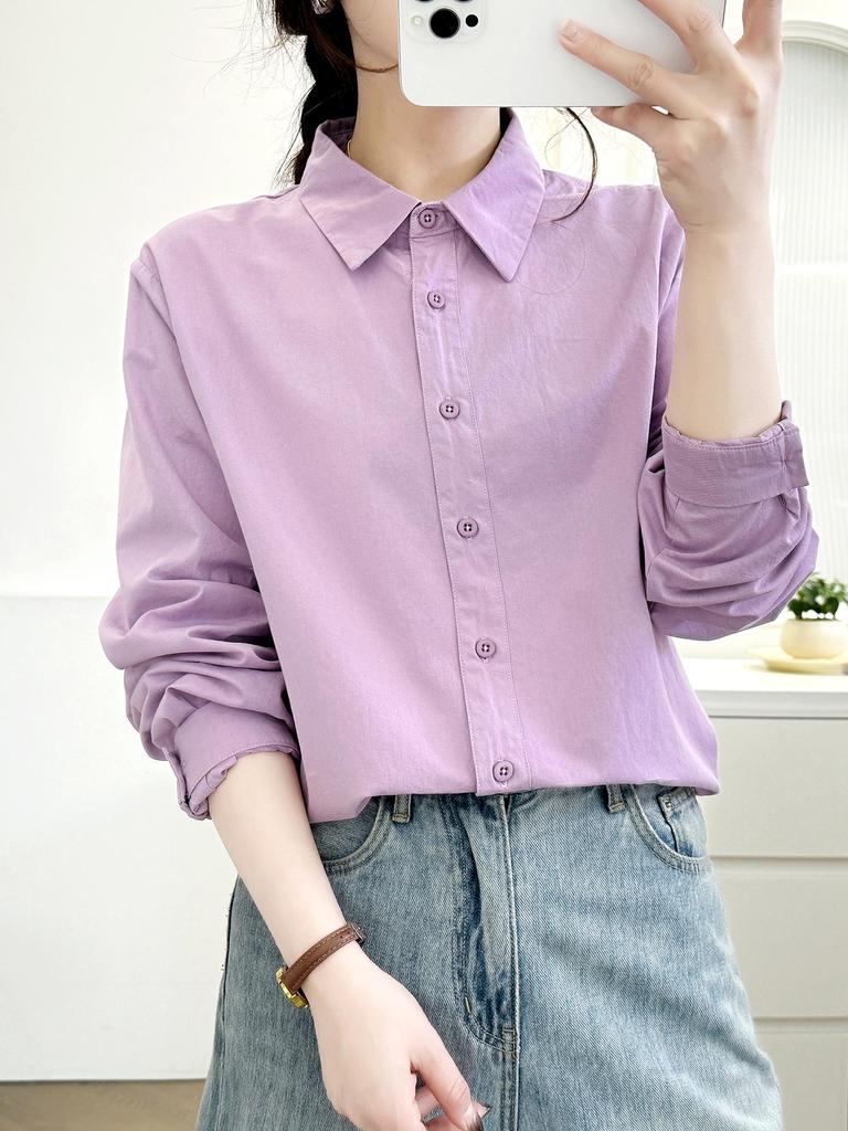 Women's Candy Color Long Sleeve Cotton Shirt - Minimalist, Versatile, and Slimming Design