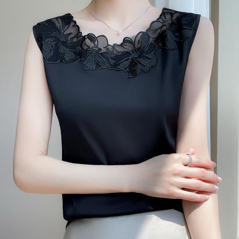 Women's Summer Mulberry Silk Blended Camisole Top 50% Silk Breathable Cool Top 50% Polyester Fiber Slim Bottoming Shirt