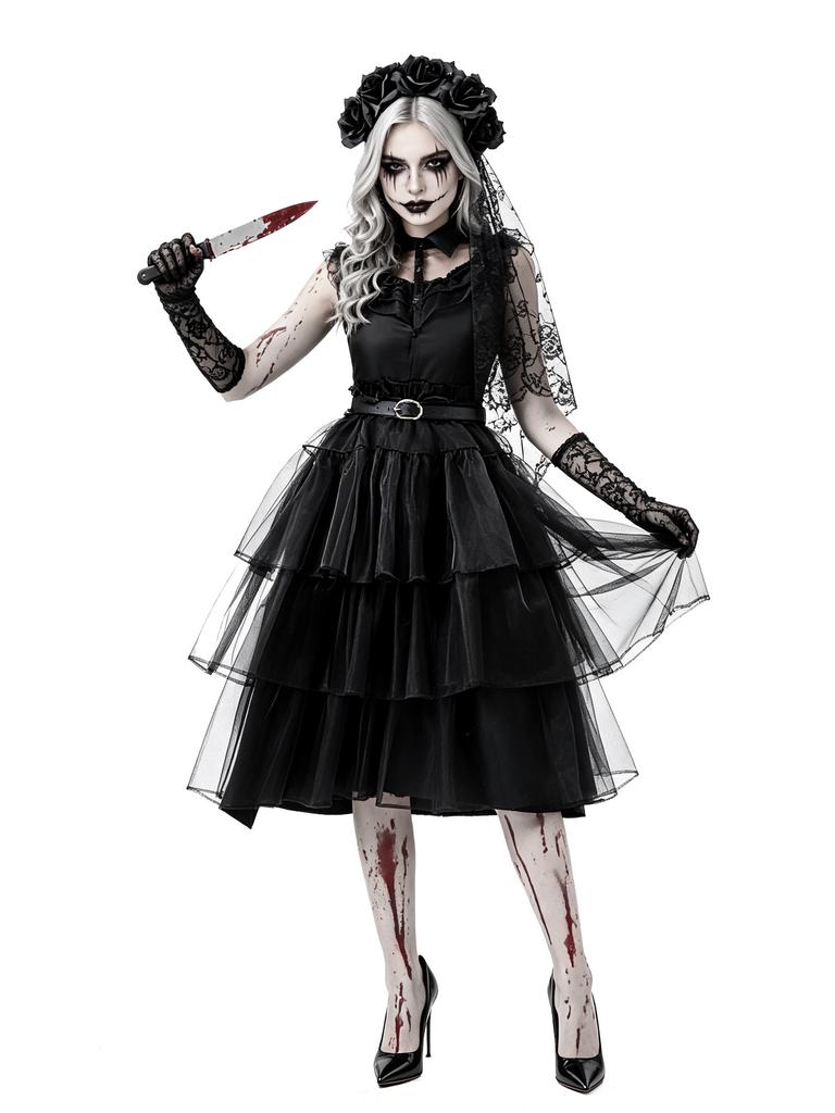 Dámský gotický kostým nevěsty ducha na Halloween Černé krajkové šaty se závojem Rukavice Pásek Viktoriánská Zombie Nevěsta Cosplay Party Svatba